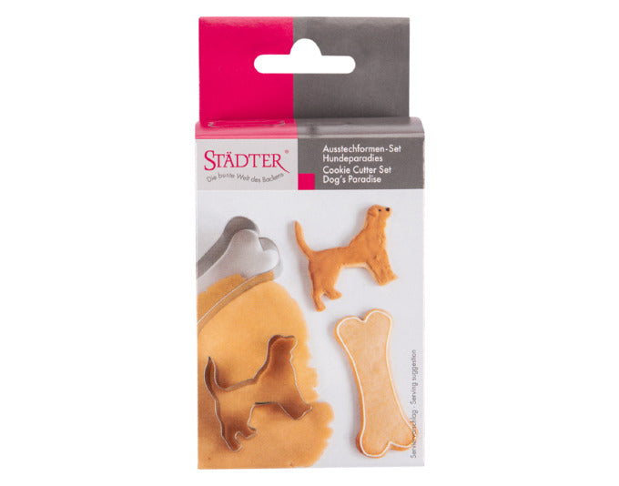 Ein 2-teiliges Ausstecher-Set von STÄDTER mit Hundemotiven, ideal für kreative Backideen und Dekorationen, Größe 8–9,5 cm.