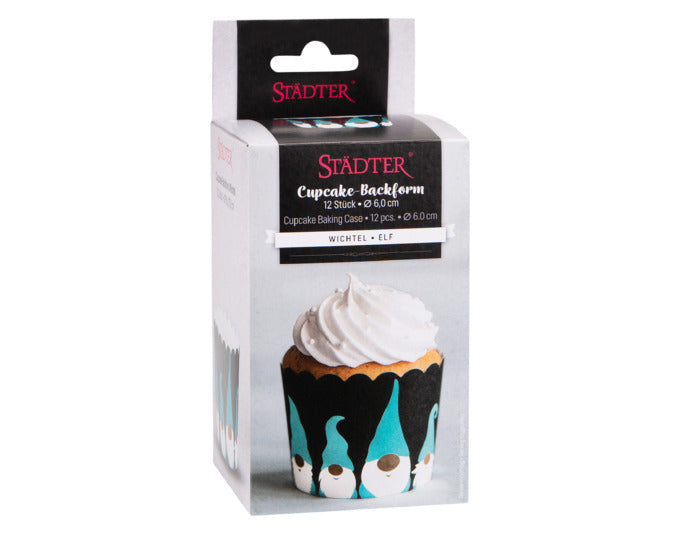 Bunte Papierbackförmchen mit Wichtelmotiv, ideal für Maxi-Muffins, ø 6/7x5.5 cm, von STÄDTER, perfekt für festliche Backkreationen.