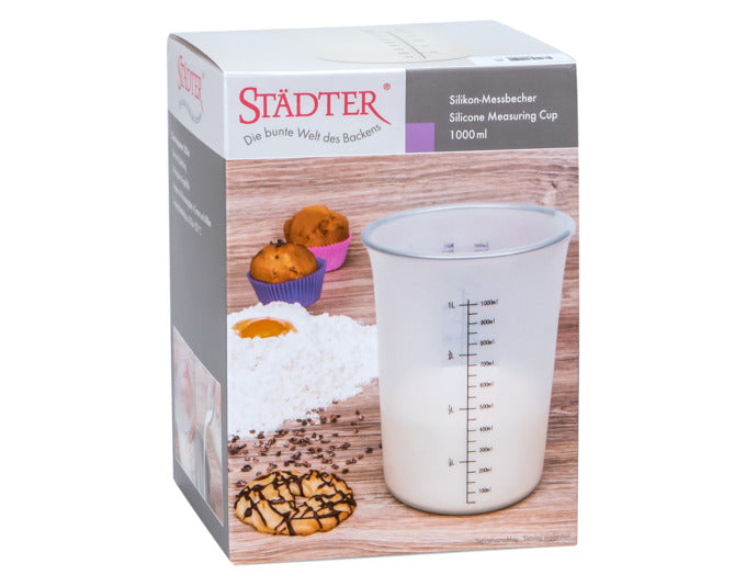 Transparenter STÄDTER Messbecher aus Silikon, 1000 ml, ø 12x16.5 cm, ideal für präzises Abmessen in der Küche.
