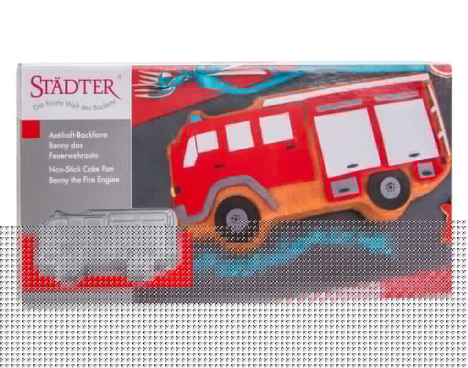 Backform in Form eines Feuerwehrautos, ideal für kreative Kuchenideen. Maße: 33x17x4 cm. Perfekt für Kindergeburtstage.