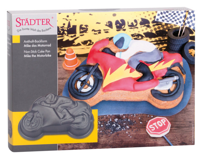 Motivbackform Mike das Motorrad von STÄDTER, ideal für kreative Kuchen in Motorradform, Maße: 28,5x18,5x6,5 cm, hochwertige Qualität.