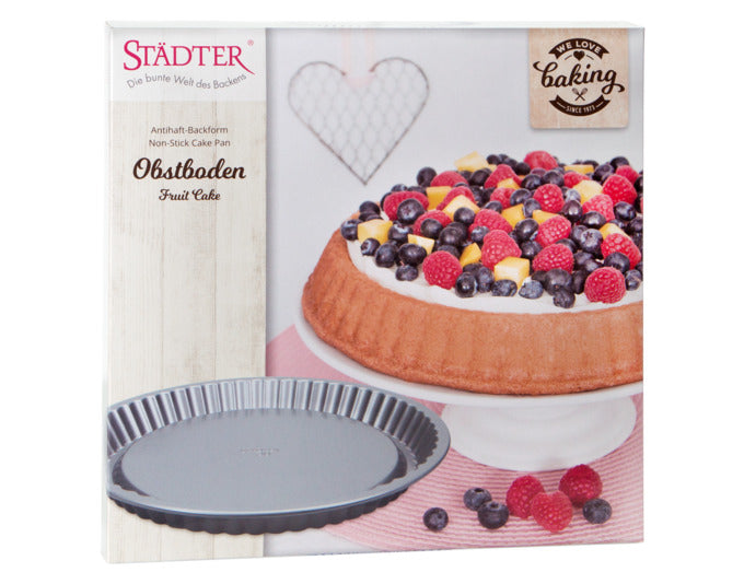 Hochwertige Obstbodenform aus silbernem Material, ø 30x3 cm, ideal für Backliebhaber. Perfekt für köstliche Obstkuchen.