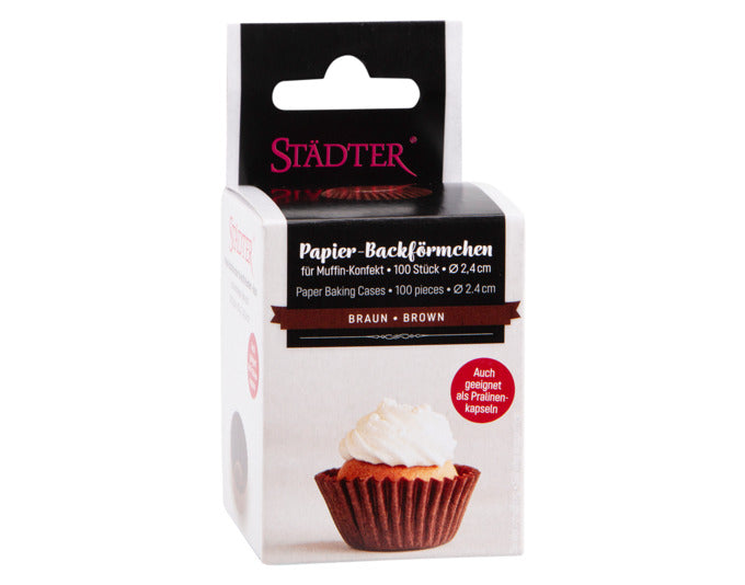 Braune Papierbackförmchen von STÄDTER, ideal für Muffin-Konfekt, 100 Stück, Maße: ø 2.4/3.4x1.8 cm, perfekt für Backkreationen.
