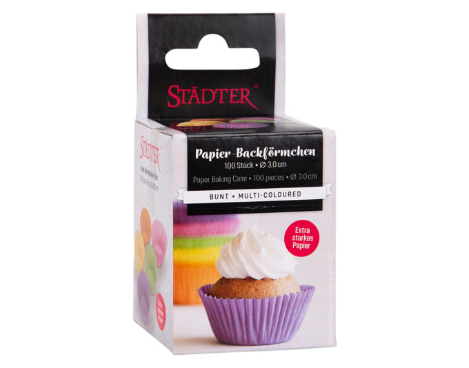 Bunte Mini-Papierbackförmchen von STÄDTER, ideal für kleine Backkreationen. 100 Stück, 3/4x2 cm, perfekt für Muffins und Pralinen.