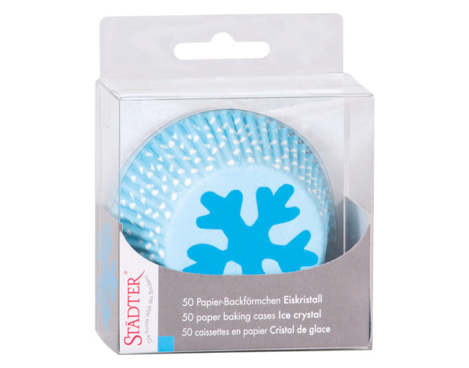 Hellblaue Papierbackförmchen mit Eiskristall-Motiv, ideal für Muffins und Cupcakes, 50 Stück, Größe ø 5/7x3 cm, von STÄDTER.