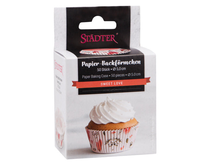 Bunte Papierbackförmchen Maxi Sweet Love von STÄDTER, ideal für Muffins und Cupcakes, 50 Stück, Größe ø 5/7x3 cm, perfekt für Backfreude.