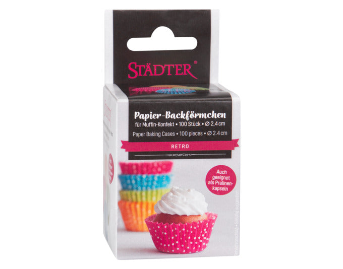 Bunte Papierbackförmchen von STÄDTER, ideal für Muffins und Konfekt, 100 Stück, Retro-Design, ø 2.4/3.4x1.8 cm, perfekt für Backfreude.