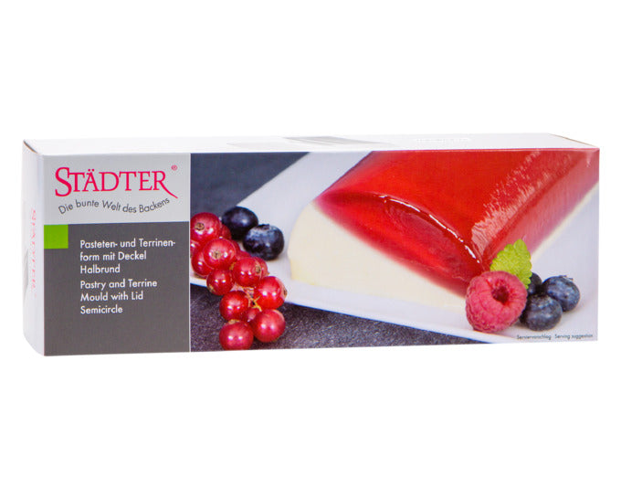 Halbrunde Edelstahlform von STÄDTER, ideal für Pasteten und Terrinen, 23x7.5x7.5 cm, mit Deckel für perfekte Ergebnisse.