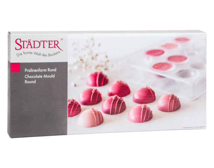 Transparente Pralinenform von STÄDTER, ideal für runde Pralinen. Maße: 13,5x27,5x2,5 cm. Perfekt für kreative Schokoladenideen.