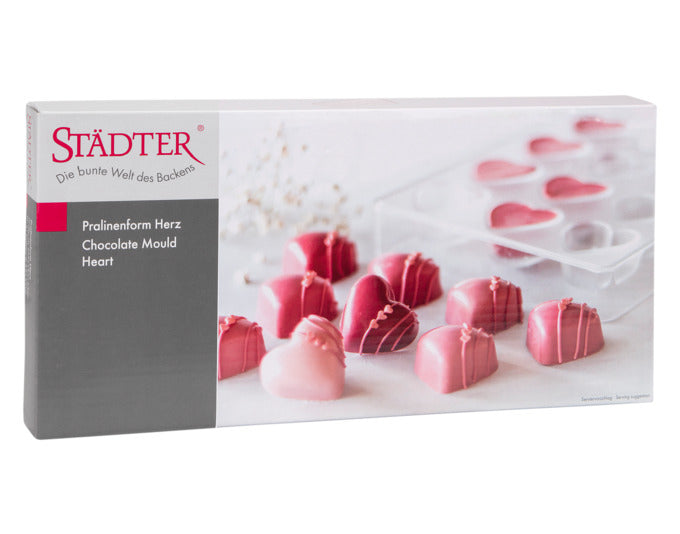Transparente Pralinenform von STÄDTER, ideal für Herzpralinen. Maße: 13,5x27,5x2,5 cm. Perfekt für kreative Schokoladenkreationen.