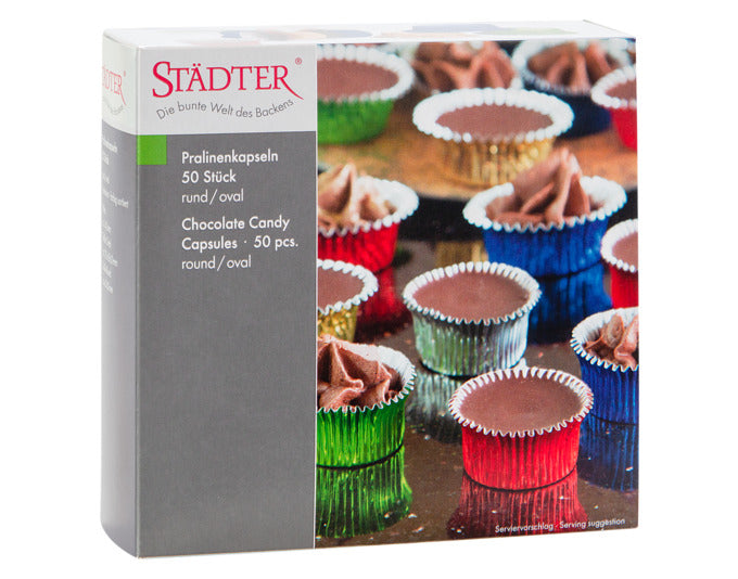 Bunte Pralinenkapseln aus Alu, rund und oval, je 25 Stück, ideal für Pralinen und Gebäck, von STÄDTER, hochwertig und dekorativ.