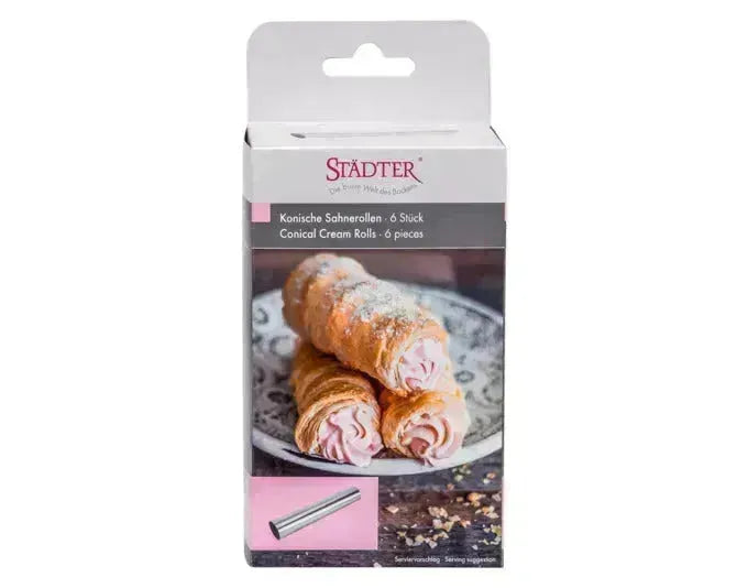 Konische Edelstahl-Sahnerollen, 14 cm lang, Ø 2.5/3 cm, 6 Stück, ideal für Backkreationen und Desserts.