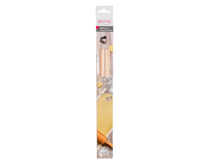 Entdecken Sie das STÄDTER Teighölzer Set (35 cm) für perfekte Teigdicken. Ideal für gleichmäßiges Ausrollen von Teig in 3 mm, 5 mm und 10 mm.