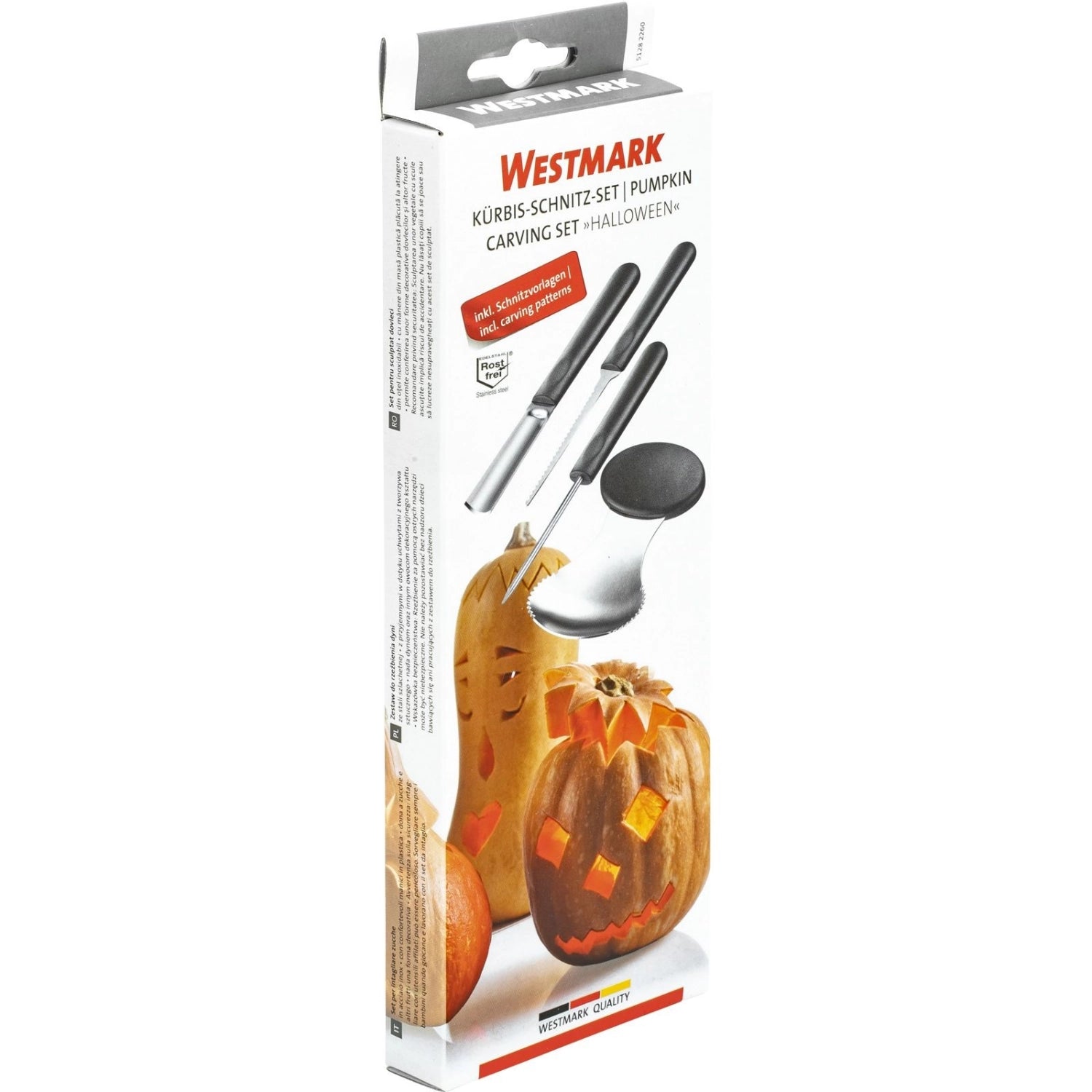 Kreatives 4-teiliges Kürbis-Schnitz-Set von Westmark, perfekt für kunstvolle Halloween-Dekorationen und präzise Schnitzprojekte.