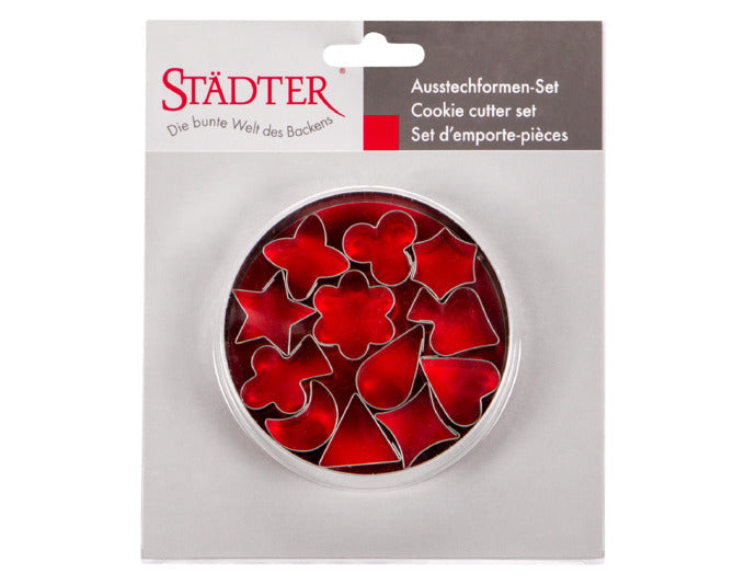 Set mit 12 hochwertigen Ausstechformen von STÄDTER, ideal für kreative Backideen, in praktischer Dose, Motive ca. 3 cm groß.
