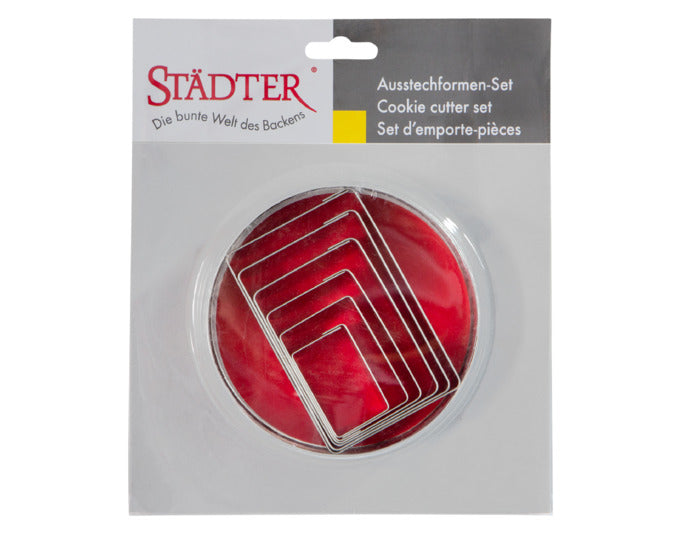 Set aus 6 rechteckigen Ausstechformen von STÄDTER, ideal für Backen und Dekorieren, in praktischer Dose, Größen von 4 bis 9,5 cm.