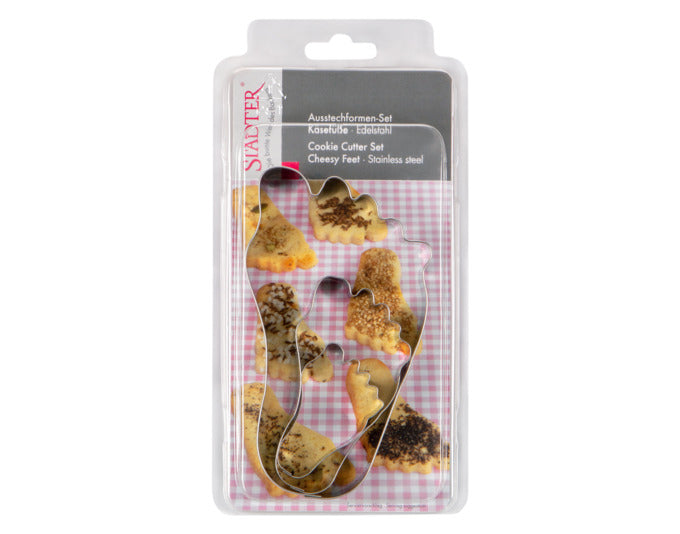 Set aus drei Käsefuß-Ausstechern von STÄDTER in Größen 5,5 cm, 9 cm und 14 cm, ideal für kreative Backideen und Dekorationen.