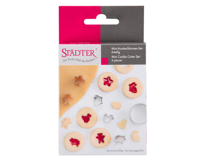 Ein 6-teiliges Mini-Ausstecher-Set von STÄDTER, ideal für kreative Backideen, mit 1,5 cm Größe für filigrane Formen.