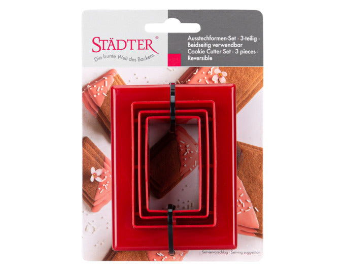 Praktisches STÄDTER Rechteck-Ausstecher-Set in Rot, ideal für präzises Backen. Verschiedene Größen für kreative Backideen.