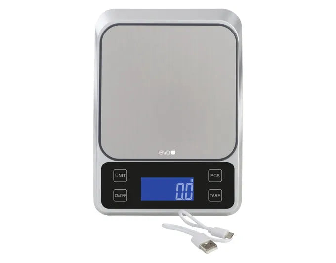 EVA Küchenwaage Präzision digital aufladbar Micro-USB-Kabel 3 kg 0.1 g silber 21x15x3 cm in  präsentiert im Onlineshop von KAQTU Design AG. Waage ist von EVA