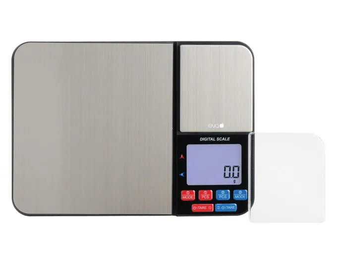 EVA Küchenwaage / Feinwaage 2 Wiegeplattformen 5 kg 0.01 g und 500 g / 0.01 g Edelstahl in  präsentiert im Onlineshop von KAQTU Design AG. Waage ist von EVA