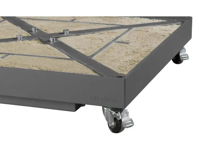 Stabiler grauer Sonnenschirmständer aus Keramik mit Rollen, 90 kg Gewicht, ideal für sicheren Halt und einfache Mobilität.