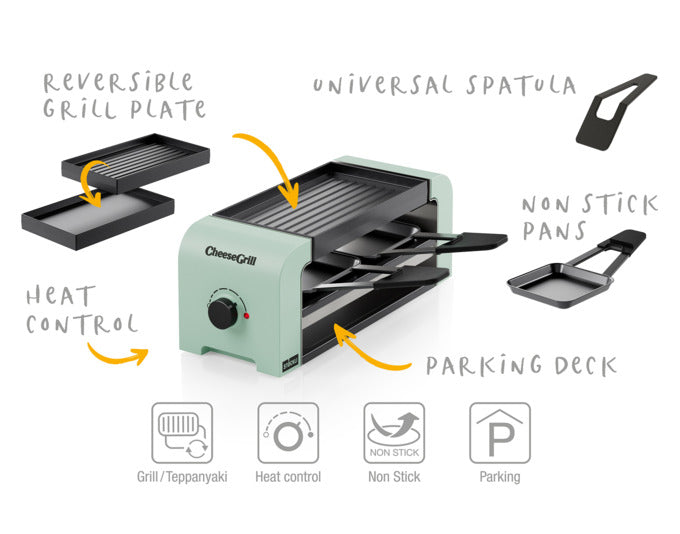 Der STÖCKLI Raclettegrill CheeseGrill 2 in Mintgrün ist kompakt, stilvoll und ideal für gemütliche Raclette-Abende.