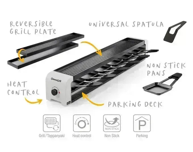 Eleganter STÖCKLI Raclettegrill CheeseGrill 6 in Weiß, ideal für 6 Personen, kompakt und stilvoll, Maße: 74.6x11.6x11.8 cm.