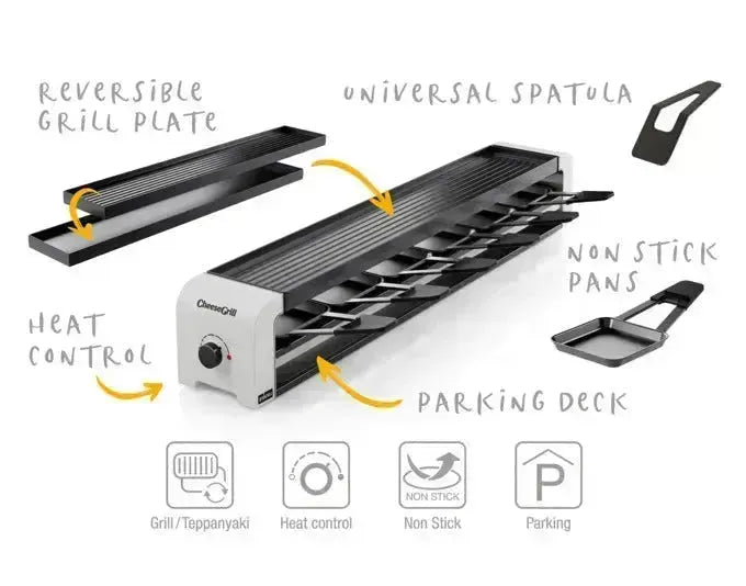 Eleganter STÖCKLI Raclettegrill CheeseGrill 6 in Weiß, ideal für 6 Personen, kompakt und stilvoll, Maße: 74.6x11.6x11.8 cm.
