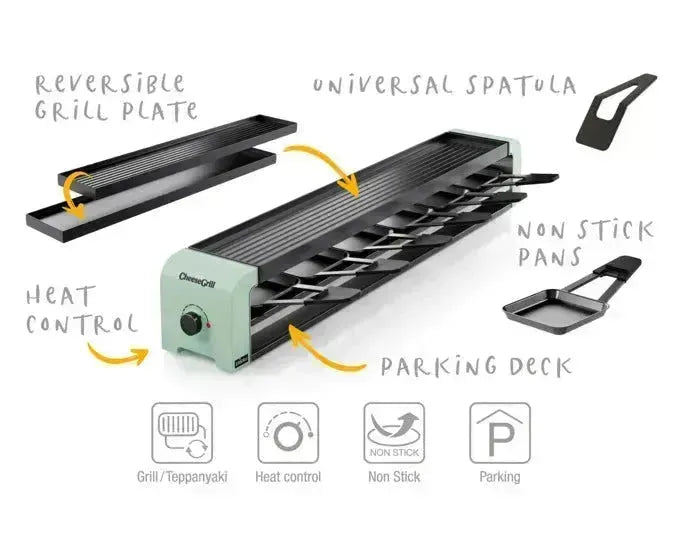 Der STÖCKLI Raclettegrill CheeseGrill 6 in Mintgrün ist ein stilvoller und praktischer Grill für gesellige Raclette-Abende.