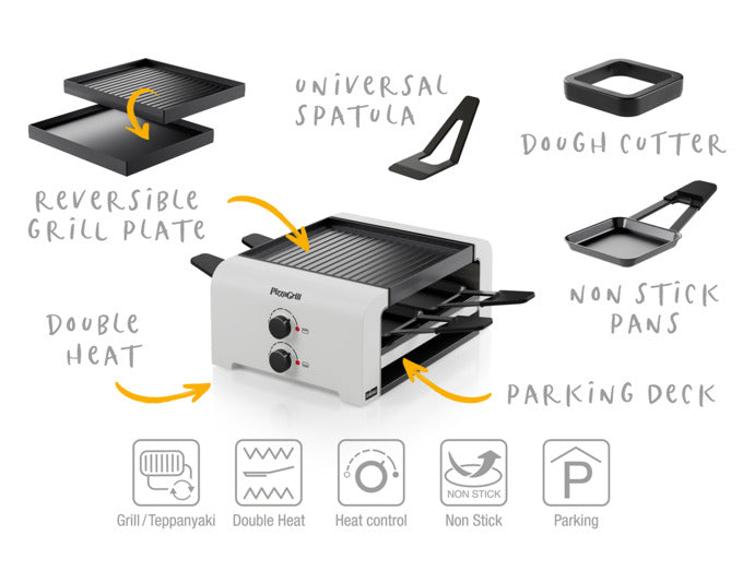 Der STÖCKLI PizzaGrill 4 white ist ein kompakter, vielseitiger Tischgrill für Pizza und Raclette, ideal für gesellige Abende.