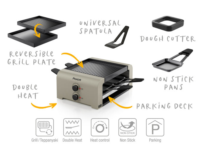 Der STÖCKLI PizzaGrill 4 in Ivory Gold ist ein eleganter Tischgrill für Pizza und Raclette, ideal für gesellige Abende.