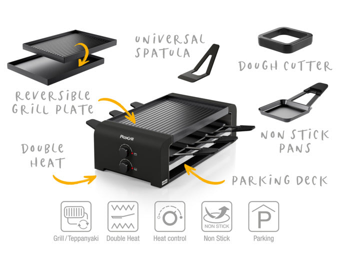 Kompakter STÖCKLI PizzaGrill 6 in Schwarz, ideal für 6 Personen, Maße 43x22.9x13 cm, vielseitig für Pizza und Grillen.