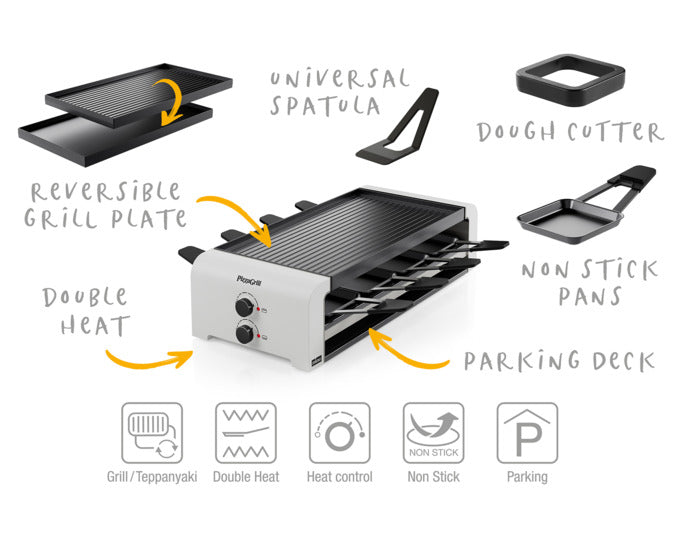 Der STÖCKLI PizzaGrill 8 white ist ein vielseitiger Tischgrill für 8 Personen, ideal für Pizza und Raclette, in elegantem Weiß.