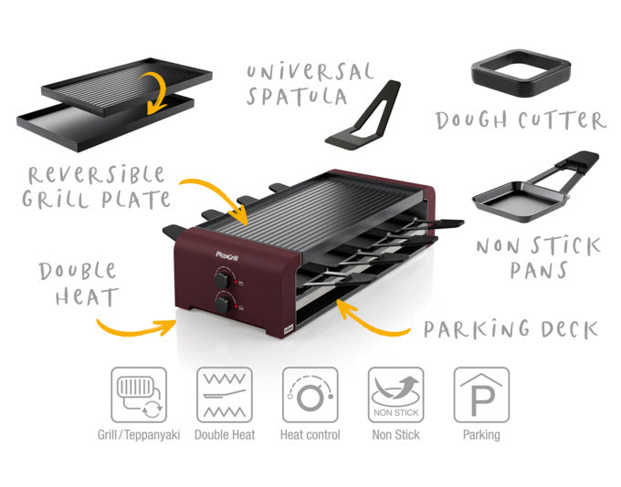 Der STÖCKLI PizzaGrill 8 in Merlot-Rot ist ein vielseitiger Tischgrill für 8 Personen, ideal für Pizza und Raclette.