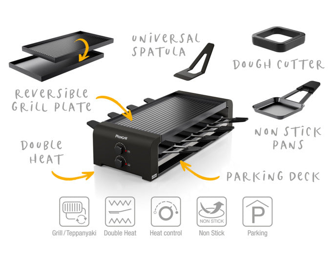Der STÖCKLI PizzaGrill 8 black ist ein vielseitiger Tischgrill für 8 Personen, ideal für Pizza und Raclette, in elegantem Schwarz.