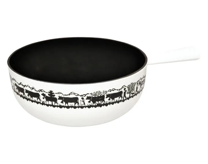 Elegantes STÖCKLI Käsefondue-Set aus Gusseisen, 2.4 l, ø 22 cm, induktionsgeeignet, klassisches Design in Weiß und Schwarz.