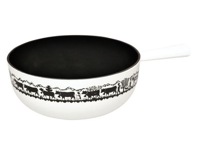 Elegantes STÖCKLI Käsefondue-Set aus Gusseisen, 2.4 l, ø 22 cm, induktionsgeeignet, klassisches Design in Weiß und Schwarz.