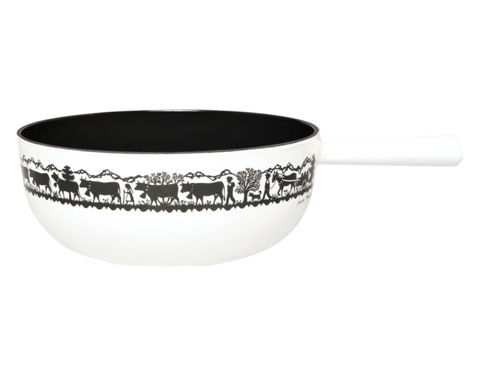 Elegante STÖCKLI Käsefonduegarnitur Säntis Classic Alp, geeignet für Induktion, ø 22 cm, in stilvollem Weiß-Schwarz-Design.