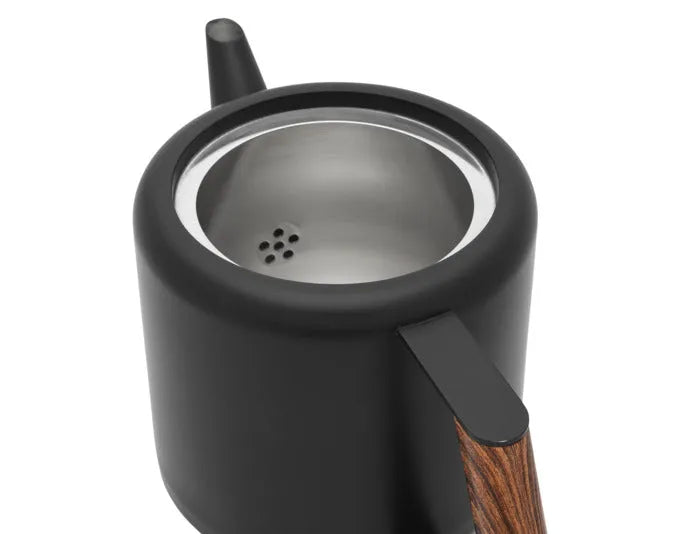Elegante schwarze Teekanne aus Edelstahl, 1.1 l, doppelwandig für optimale Wärmeisolierung, modernes Design.