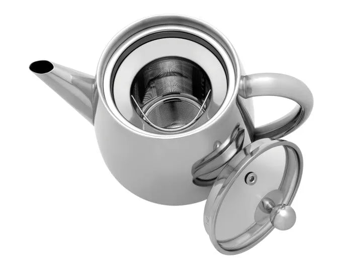 Elegante Teekanne aus Edelstahl, 1.1 l, doppelwandig für langanhaltende Wärme, glänzend silbernes Design, ideal für Teegenuss.