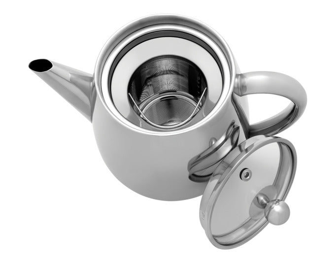 Elegante Teekanne aus Edelstahl, 1.1 l, doppelwandig für langanhaltende Wärme, glänzend silbernes Design, ideal für Teegenuss.