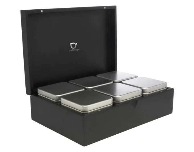 Elegante Teebox aus Bambus mit 6 schwarzen Teedosen, ideal zur stilvollen Aufbewahrung und Präsentation Ihrer Teesorten.