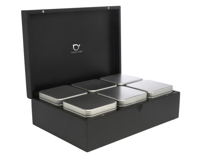 Elegante Teebox aus Bambus mit 6 schwarzen Teedosen, ideal zur stilvollen Aufbewahrung und Präsentation Ihrer Teesorten.