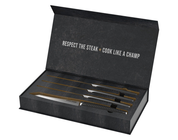 Elegantes STEAK CHAMP Steakmesser-Set Prime Rib mit 4 hochwertigen Messern, ideal für perfekte Steakgenüsse.