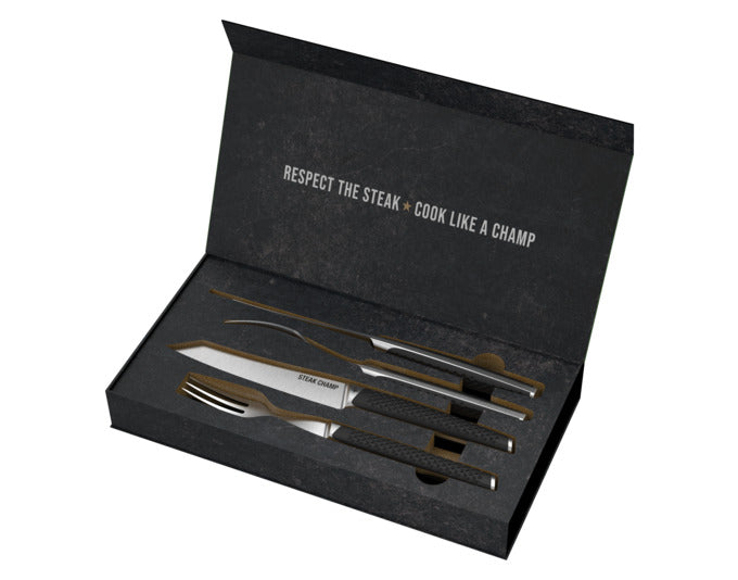 Elegantes Steak-Set von STEAK CHAMP: 2 Messer & 2 Gabeln, ideal für Prime Rib. Hochwertig, stilvoll und perfekt für Steakliebhaber.