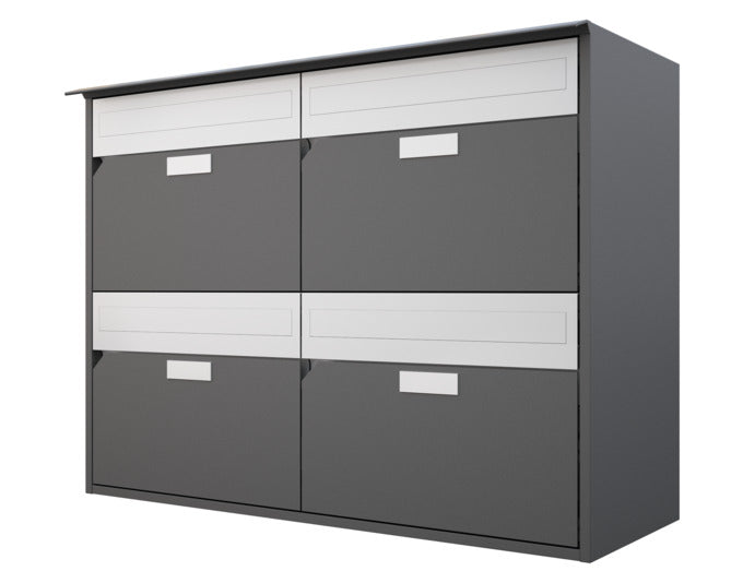 Foto eines HUBER Briefkastens Alu 400 4er 2x2 aus Aluminium mit pulverbeschichtetem Gehäuse und Regenschutzleiste in dunkelgrau metallic.