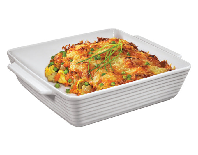 Quadratische Gratinform aus hochwertiger Keramik, 24 cm, ideal für Aufläufe und Gratins, stilvolles Design in Weiß von KÜCHENPROFI.