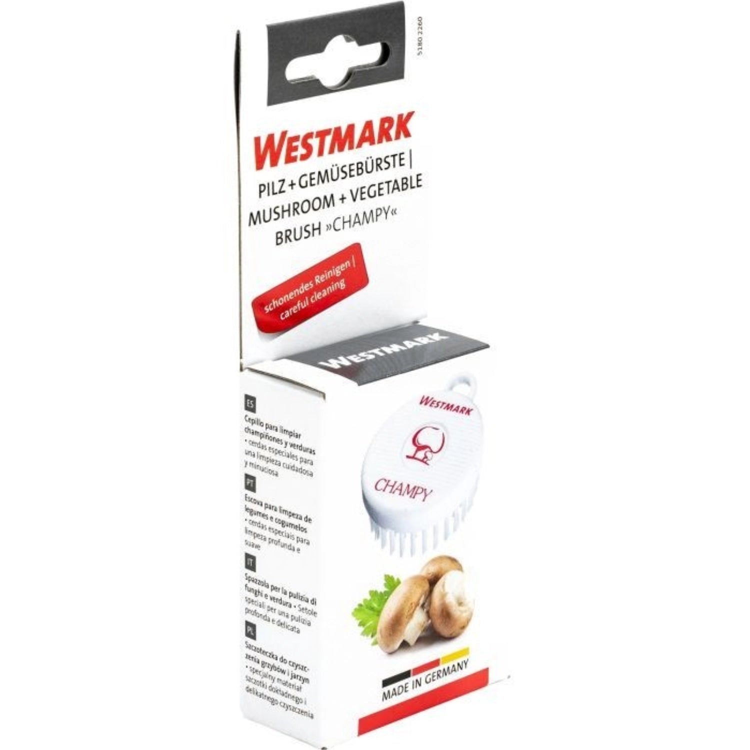 Vielseitige Reinigungsbürste für Pilze und Gemüse von Westmark, ideal für die schonende Reinigung und Pflege frischer Lebensmittel in der Küche.