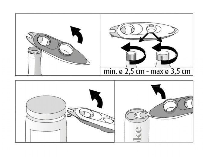 Der METALTEX Multiöffner UFO 4 in 1 ist ein vielseitiges Küchenwerkzeug, ideal zum Öffnen von Flaschen, Gläsern und Dosen.